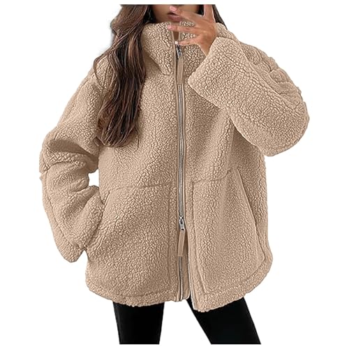 Sale Angebote, Plüsch Teddy Fleece Jacke Damen Stehkragen Große Größen Wolljacke - Doppelschneidiger Fleecejacke Ohne Kapuze Warm Winter Mantel Reißverschluss Fellmantel Plüschjacke Mit Taschen von Pdakieyxnd