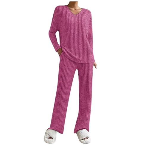 Schlafanzug Damen Winter, Schlafanzug Set Damen Winter Pyjama Zweiteiler - Lang Baumwolle Schlafanzüge Gerippt Gestricktes V-Ausschnitt Einfarbig Langarm Locker Strickanzug Mit Taschen von Pdakieyxnd