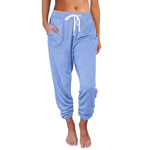 Schlupfhose, Sporthose Damen Lang Trainingshose, Yogahose Bequeme Pants Freizeit Baumwolle Jogging Hose Für Frauen Lange Freizeithose Slim Fit Hellblau von Pdakieyxnd