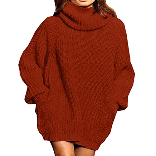 Strickkleid Damen Lang, Pulloverkleid Damen Pulloverkleid Damen Oversize Strickkleid Langarm Kleid Latzkleid Rollkragen Einfarbig Lang Wollkleid Pulli Warme Strick Winterkleid Rot von Pdakieyxnd