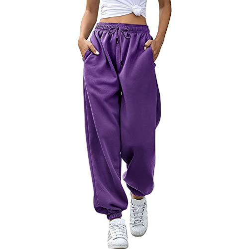 Sweatpants Damen Baggy, Sporthose Damen Lang Trainingshose, Elegante Sweatpants Freizeit Baumwolle Frauen Laufhosen Fitness High Waist Freizeithose Jogging Hose Lila von Pdakieyxnd