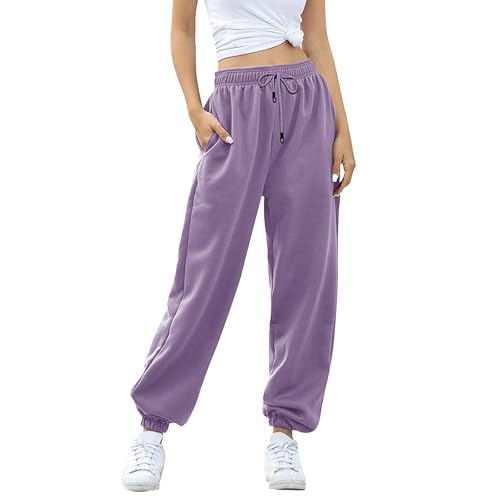 Sweatpants Damen Elegant, Trainingshose Damen Lang Sporthose, Laufhose Bequeme Hosen Mit Gummizug Baumwolle Jogging Hose Für Frauen Lange Freizeithose Slim Fit Hellviolett von Pdakieyxnd