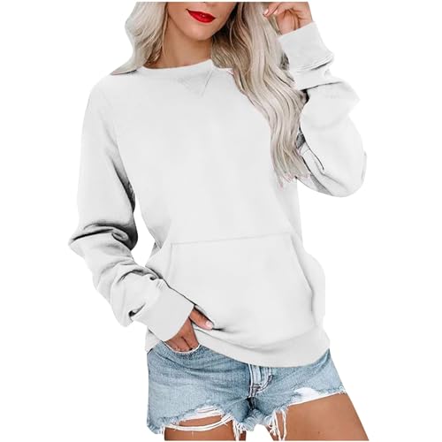 Sweatshirt Damen Elegant Langarmshirt - Sport Pullover Langarm Ohne Kapuze Sweater Winter Pulli Teenager Mädchen Streetwear Longsleeve Rundhals Baumwolle Casual Oberteile Tops Weiß von Pdakieyxnd