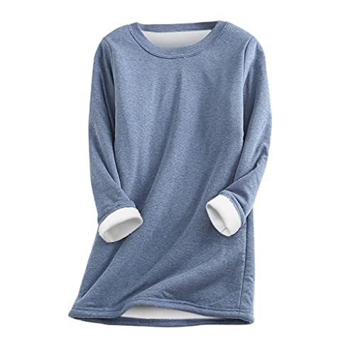 Sweatshirt Damen Langarm Fleecepullover - Einfarbig Warme Gefüttertes Fleece Pullover Oberteile Winter Langarm Rundhals Thermounterwäsche Unterhemd Große Größen Teddyfleece Langarmshirt von Pdakieyxnd