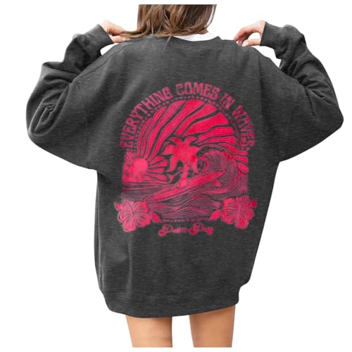 Sweatshirt Damen Oversize Sport Pullover - Buchstaben Blume Drucken Sweater Pulli Longsleeve Oberteile Baumwolle Streetwear Elegant Ohne Kapuze Rundhals Winter Casual Langarm Tops Grau von Pdakieyxnd