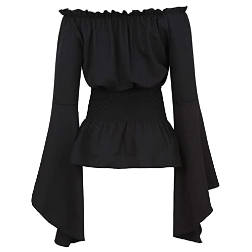 Trompetenärmel Mittelalter Bluse Damen Off Shoulder Wikinger Wickelbluse - Kilt Renaissance Rüschenbluse Schulterfrei Korsett Top Schwarz von Pdakieyxnd