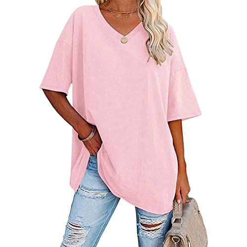 Tshirt Damen Oversize Baumwolle Oberteile mit V-Ausschnitt - Kurzarm Lockere Basic Shirt Sommer Tee Shirts Casual T-Shirt Bluse Lang Tunika Top für Teenager Mädchen Sportshirt Rosa von Pdakieyxnd