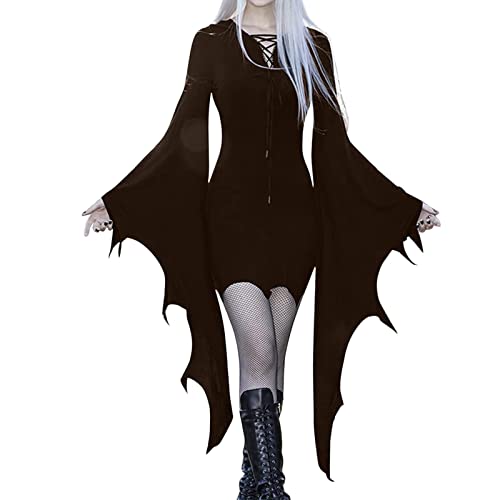 Vampire Costume Women, Waldelfe Kostüm Damen Mittelalter Kleid Damen Gruselig Kleidung Trompetenärmel Halloween Kostüm Vintage Maxikleid Helloween Kostüme Für Frauen Kleider von Pdakieyxnd