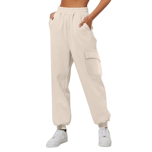 Wanderbekleidung Damen, Sporthose Damen Weite Sweatpants, Hose Baumwolle Wanderhose Lang Frauen Laufhosen Fitness High Waist Freizeithose Jogging Trainingshose Beige von Pdakieyxnd