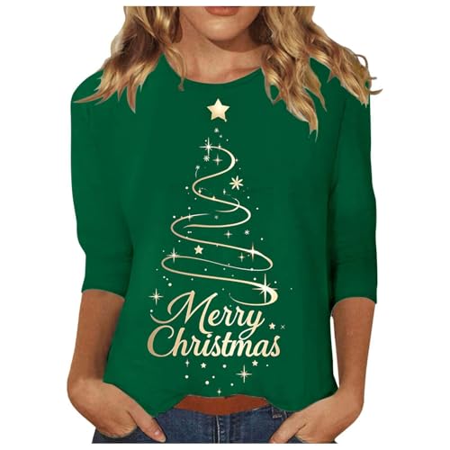 Weihnachten Bluse DamenDreiviertel Ärmel Weihnachts Shirt Damen Elegant Lustig Weihnachtsbluse - Elegant Rundhals Festliche Xmas Pullover Silvester Outfit Christmas Weihnachtsbaum Oberteile Tops von Pdakieyxnd