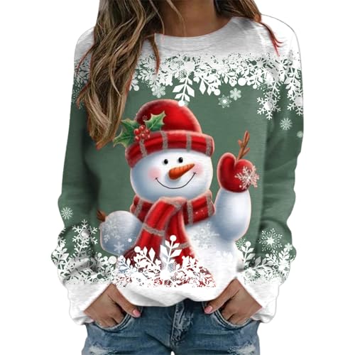 Weihnachtsbluse Damen Langarm, Weihnachts Pullover Damen Lustig Langarm Weihnachtsbluse Shirt - Baumwolle Sweatshirt Schneemann Elch Druck Hässlich Weihnachtsoutfit Winter Rundhals Langarmshirt von Pdakieyxnd