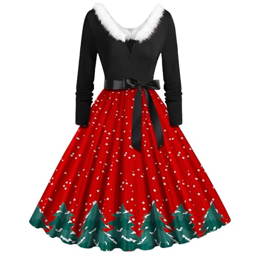 Weihnachtskostüm Damen, Weihnachts Kleid Damen Lustig Große Größen Rockabilly Kleid - Langarm V-Ausschnitt Cocktaikleid Sexy Weihnachten Kleid Weihnachtskostüm Vintage Rockabilly Partykleid von Pdakieyxnd