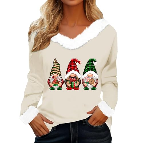 Weihnachtsoutfit Damen Elegant, Weihnachtsbluse Damen Elegant Langarm Weihnachtshemd - V-Ausschnitt Flauschige Lustige Weihnachtsbaum Weihnachtszwerg Hässliche Schickes Oberteil Mit Pelzkragen von Pdakieyxnd