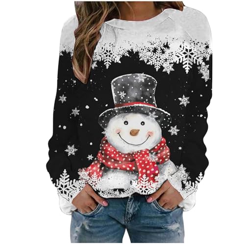 Weihnachtspulli Paare, Weihnachts Pullover Damen Lustig Langarm Weihnachtsbluse Shirt - Baumwolle Sweatshirt Schneemann Elch Druck Hässlich Weihnachtsoutfit Winter Rundhals Langarmshirt von Pdakieyxnd