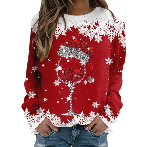 Weihnachtspullover Damen Baumwolle, Weihnachtspulli Damen Langarm Weihnachten Pullover Lustig - Winter Rundhals Weihnachts Weinglasdruck Weihnachtspullover Weihnachten Pullis Sweater Weihnachtsshirt von Pdakieyxnd