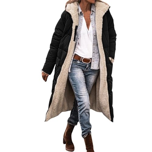 Winterjacke Damen Gefüttert, Winterjacke Damen Mit Warm Gefüttert Wintermantel Teddy Mantel Lange Jacke Elegant Kapuzenmantel Reißverschluss Winter Coat Frauen Winterparka Langer Wintermantel von Pdakieyxnd