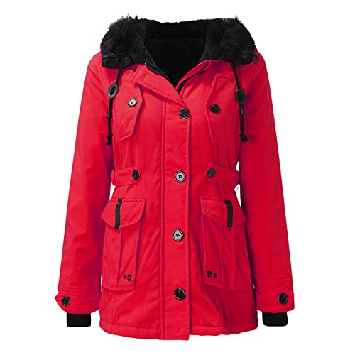 Winterjacke Damen Grosse Grössen, Jacke Damen Gefüttert Wintermantel Winterparka Warm Dickere Slim Fit Parka Reißverschluss Übergangsjacke Mit Fellkapuze Rot von Pdakieyxnd