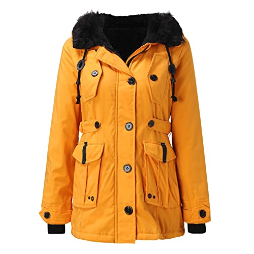 Winterjacke Damen Mit Fellkapuze, Jacke Damen Lang Wintermantel Daunenjacke Elegant Funktionsparka Warme Steppjacke Puffer In Daunenoptik Kunstfell Kurze Gelb von Pdakieyxnd