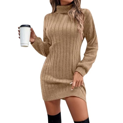 Winterkleider Damen Elegant, Blitzangebote des Tages Strickkleid Damen Winter Sweatkleid Langarm Kleid Wollkleid Warm Einfarbig Lang Pulli Pulloverkleid Warme Strick Winterkleid Khaki von Pdakieyxnd