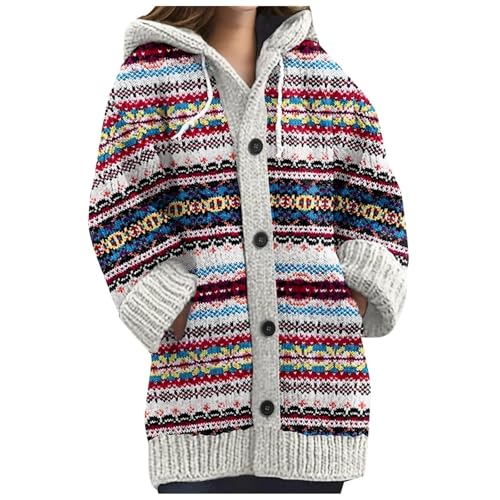 Wollstrickjacke Damen, Norweger Strickjacke Damen Weihnachts Alpaka Cardigan - Bunte Weihnachtsjacke Mit Kapuze Pulli Langarm Knöpfen Strickpullover Mohair Winter Grobstrick Oberteile von Pdakieyxnd