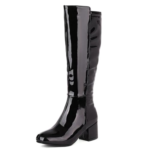 Pegsmio Damen-Stiefel aus Lackleder, dicker Absatz, kniehoch, modisch, quadratischer Zehenbereich, Herbst, Winter, lange Stiefel von Pegsmio