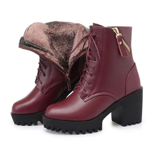 Pegsmio Damen Stiefeletten Winter Patform Echtleder Wollstiefel High Heel Stiefel von Pegsmio