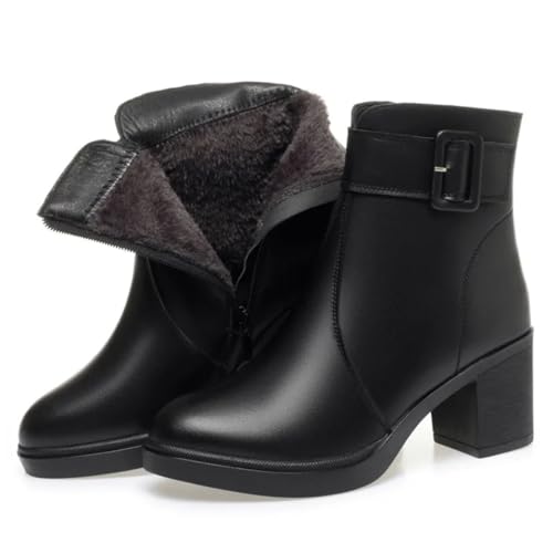 Pegsmio Damen-Winterstiefel, echtes Leder, warme Wollstiefel, runder Zehenbereich, hoher Absatz, Damen-Stiefeletten von Pegsmio