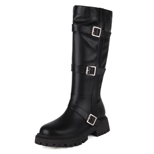 Pegsmio Kniehohe Plateau-Stiefel für Damen, Frühlingsritter, elegant, mittelhoher Absatz, Motorradschuhe von Pegsmio