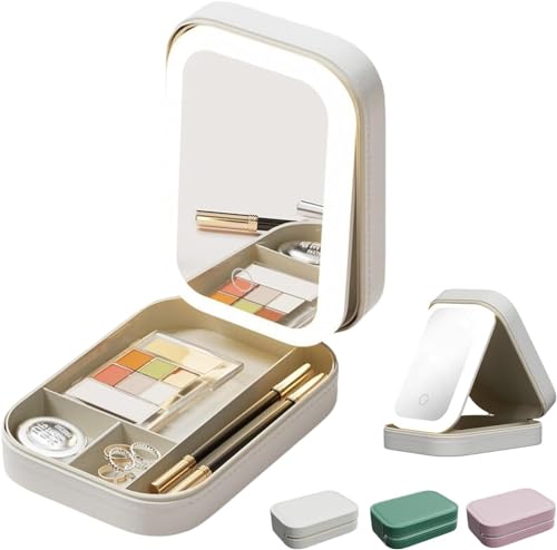 Integrierte Make-up-Aufbewahrungsbox mit Lichtfüllspiegel, ergänzende LED-Kosmetiktasche, 3 Farbmodi, Make-up-Tasche, tragbare Kosmetik-Aufbewahrungstasche, Reise-Make-up-Tasche mit LED-Spiegel, weiß, von Pelinuar