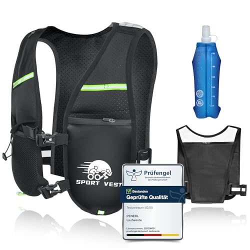 Laufweste Herren - Prüfengel Zertifiziert Leichte & Atmungsaktive Laufweste Damen mit 500ml Wasserflasche, Laufrucksack Herren mit Mehreren Taschen und Verstellbarem Riemen für Rennen Laufweste Herren - Prüfengel Zertifiziert Leichte & Atmungsaktive Laufweste Damen mit 500ml Wasserflasche, Laufrucksack Herren mit Mehreren Taschen und Verstellbarem Riemen für Rennen von Penerl