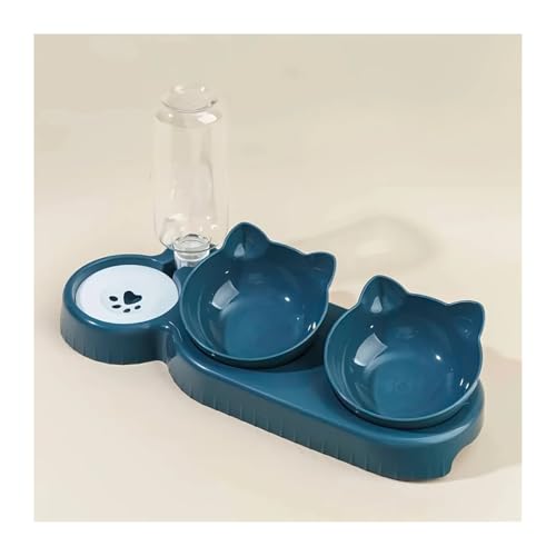 Pengchang Haustiernäpfe mit Wasserspender, 3-in-1-Ohr-Design, geneigtes Katzen-Wasser- und Futternapf-Set mit Schwerkraft-Wasserflasche for Schutz des Nackens(Navy Blue) von Pengchang