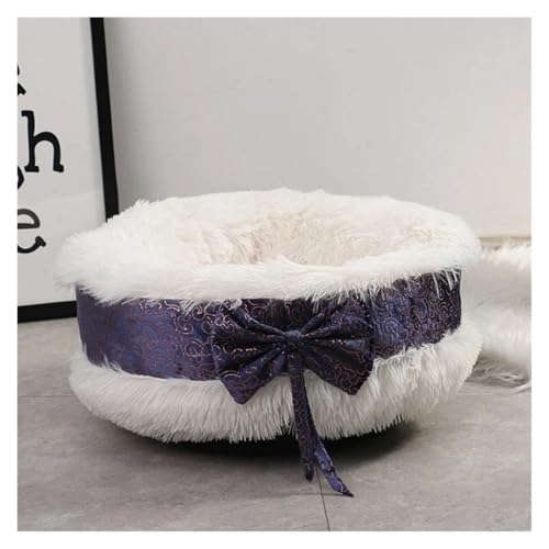 Süße Katzenbetten Haustier Hund Warmes Bett Luxus Schleife Dekoration Flauschiges rundes Haus Weiches langes Plüschbett Hundekorb Tiere Schlafbett(White,L Dia 60CM) von Pengchang