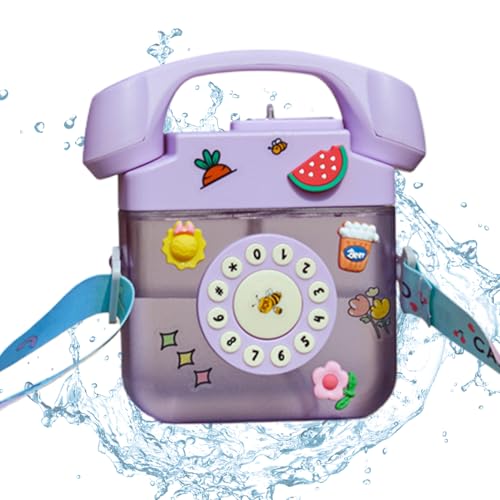 Peosaard Nette Wasserflasche Cartoon Telefonform 400 ml PC Kids Wasserflasche mit Riemen und Strohversiegelungslecksicherung Wasserflasche, lila, Wasserflasche mit Riemen von Peosaard