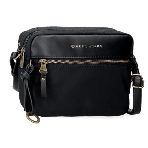 Pepe Jeans Morgan Umhängetasche mit Zwei Fächern, Schwarz, 24 x 16 x 9 cm, Polyester mit Details aus Kunstleder von Joumma Bags, Schwarz, Talla única, Umhängetasche mit Zwei Fächern von Pepe Jeans