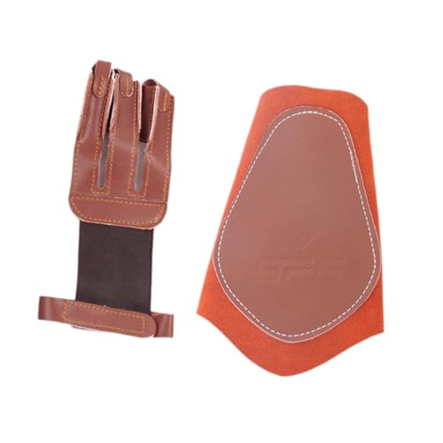 Perfeclan Bogenschießhandschuh und Bogenschießarmschutz-Set, Bogenschießarmschutz 3-Finger-Schutzhandschuhe für Erwachsene und Anfänger, Braun von Perfeclan