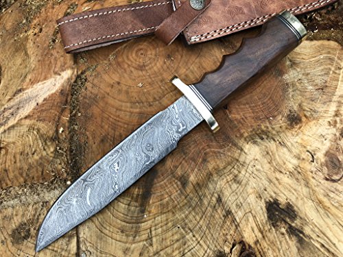 Perkin Knives Damastmesser Jagdmesser mit Scheide - Jagdmesser Bowie (Griff aus Walnussholz und Messing) von Perkin Knives