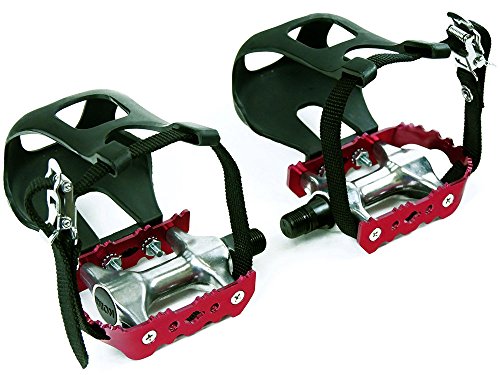 Fahrrad Pedale mit Pedalhaken Rot Eloxiert - 9/16 Zoll Gewinde Pedalkäfig für SingleSpeed Fixy Rennrad MTB Indoor Fahrräder/Hometrainer - Kunststoff Käfig mit Nylongurt Riemen Fahrrad Pedale mit Pedalhaken Rot Eloxiert - 9/16 Zoll Gewinde Pedalkäfig für SingleSpeed Fixy Rennrad MTB Indoor Fahrräder/Hometrainer - Kunststoff Käfig mit Nylongurt Riemen von LOEVELOSI