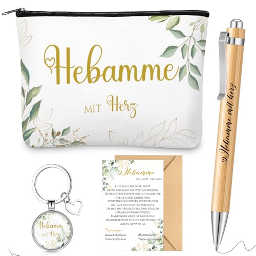 Perthlin 5er Set Hebamme Geschenk inklusive Hebamme mit Herz Kosmetiktasche Hebamme Schlüsselanhänger Holz Kugelschreiber Karte mit Umschlag Weihnachten Geschenk Dankschön Geschenk für Hebamme von Perthlin