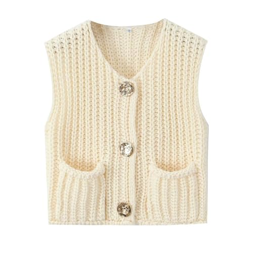 Sweater Vests Women 2024, Women's Button Front V Neck Sleeveless Crochet Solid Checkered Knit Sweater Vest with Pockets (Beige,X-Large) von Peticehi