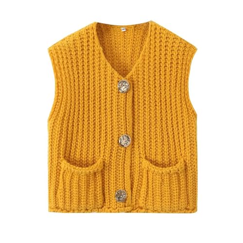 Sweater Vests Women 2024, Women's Button Front V Neck Sleeveless Crochet Solid Checkered Knit Sweater Vest with Pockets (Gold,X-Large) von Peticehi