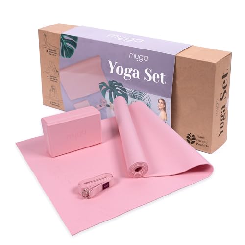 Myga Yoga-Starter-Set – Yogamatte, Yoga-Blöck Ziegel & Metall D-Ring Yoga-Gurt – Starter Kit für Anfänger ideal für Pilates, Yoga, Dehnung, Gesundheit & Fitness (Rosa) von Myga