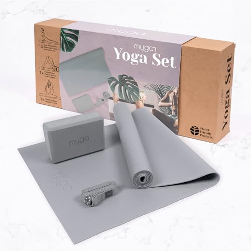 Myga Yoga-Starter-Set – Yogamatte, Yoga-Blöck Ziegel & Metall D-Ring Yoga-Gurt – Starter Kit für Anfänger ideal für Pilates, Yoga, Dehnung, Gesundheit & Fitness (Grau) von Myga