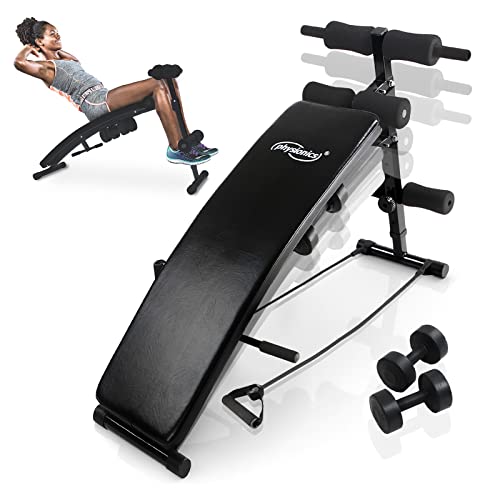 Physionics® Sit Up Bank mit Beinfixierung - klappbar, inkl. 2 Hanteln und 2 Seilen, 5-fach verstellbar, Stahl - Bauchtrainer, Trainingsbank, Rückentrainer, Fitness Workout Bench für Bauchtraining von Physionics