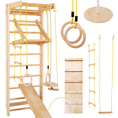 Physionics® Sprossenwand Set - Für Kinder/Erwachsene, inkl. Klimmzugstange/Ringe/Trapez/Schrägbrett/Strickleiter, aus Holz, bis 100kg, Indoor - Kletterwand, Klettergerüst, Turnwand, Schwedische Leiter von Physionics