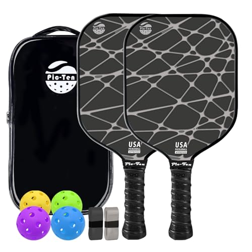 Pic-Ten Pickleball-Paddel, USAPA-zugelassene Kohlefaser-Pickleball-Paddel, 2er-Set, 16 mm Polypropylen-Wabenkern, Graphit, Pickleballschläger mit 4 Pickleball-Bällen, 1 Pickleball-Tasche von Pic-Ten