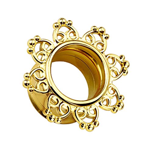 Piercingfaktor Flesh Tunnel Ear Plug Ohr Piercing Herzen Vintage Mandala Sonne Edelstahl Gold IP 10mm von Piercingfaktor