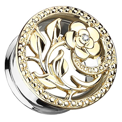 Piercingfaktor Flesh Tunnel Ohr Plug Edelstahl Piercing Ohrpiercing Vintage Tribal Ethno Boho Blume Ornament mit Strass Kristall 16mm Gold Piercingfaktor Flesh Tunnel Ohr Plug Edelstahl Piercing Ohrpiercing Vintage Tribal Ethno Boho Blume Ornament mit Strass Kristall 16mm Gold von Piercingfaktor