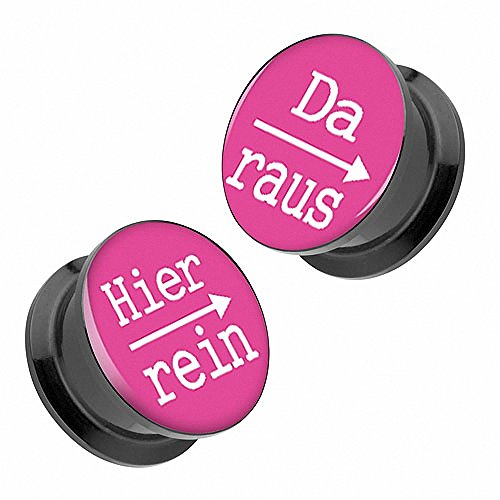 Piercingfaktor Flesh Tunnel Schraub Ohr Plug Piercing Ear Lobe Lobes aus Kunststoff Picture mit Schriftmotiv Hier rein, Da Raus 14mm Pink von Piercingfaktor