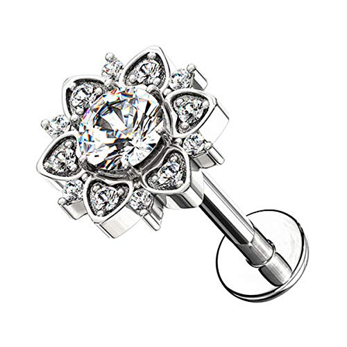 Piercingfaktor Universal Piercing Tragus Helix Ohr Cartilage Stab Labret Stecker Madonna Lippenpiercing Lippe mit Kristall Blume Silber 6mm Piercingfaktor Universal Piercing Tragus Helix Ohr Cartilage Stab Labret Stecker Madonna Lippenpiercing Lippe mit Kristall Blume Silber 6mm von Piercingfaktor