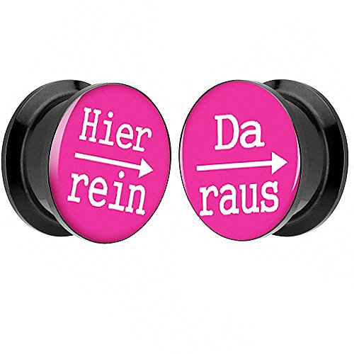 Piersando 1 Paar 2er Set Ohr Plug Piercing Kunststoff Flesh Tunnel Ohrplug mit Hier rein Da Raus Spruch Schwarz Motiv Comic Picture Pink 12mm von Piersando